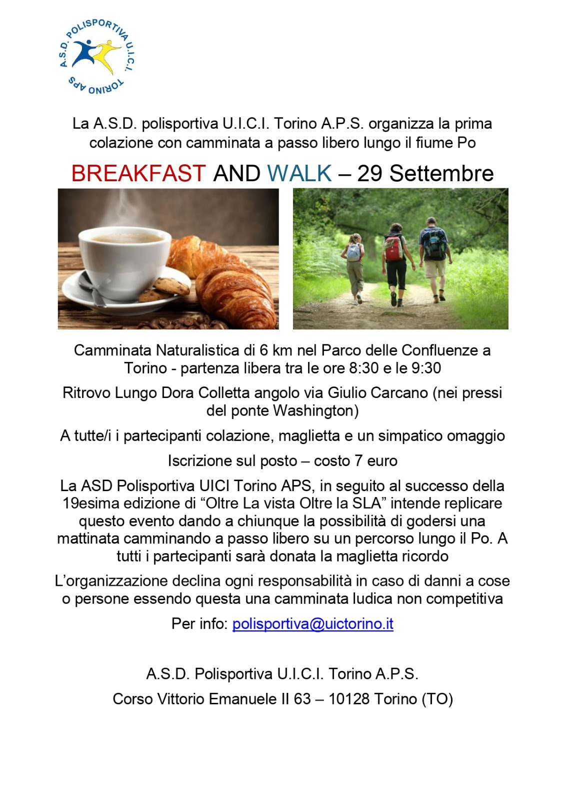 Immagine del volantino - scaricabile anche in formato PDF - della camminata "Breakfast and walk". Le informazioni sono le stesse riportate nell'articolo. 